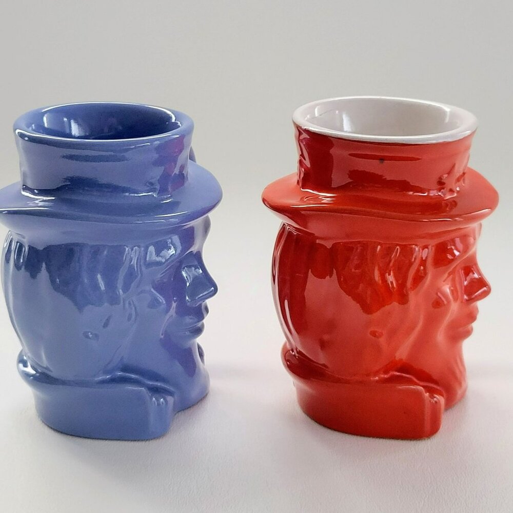 Vintage Frankoma Art Pottery Uncle Sam Mug Set of 2, Red & Blue, c.1976 USA Made - Picture 3 of 12